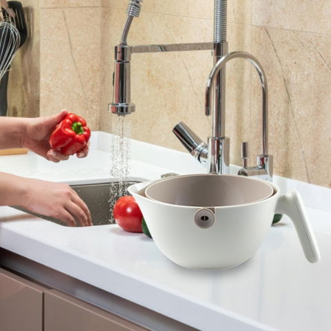 Bol cu doua straturi, pentru fructe, legume, cu cos de scurgere a apei, 2l, din abs+pp, 29.9 x 22.5 x 11.8 cm, alb - gri [1]