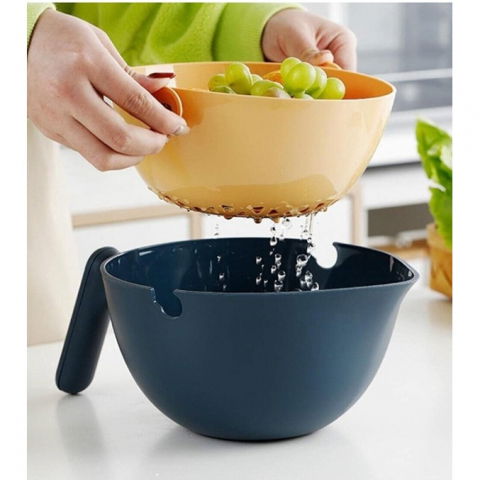 Bol cu doua straturi, pentru fructe, legume, cu cos de scurgere a apei, 2l, din abs+pp, 29.9 x 22.5 x 11.8 cm, albastru-portocaliu [2]