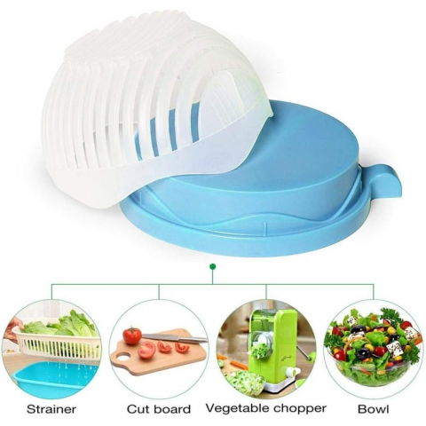 Bol feliator pentru salata, castron multifunctional pentru legume si fructe, pentru spalat si taiat legumele, cu scurgere si tocator, ergonomic, protectie pentru maini, 21x18.5x11.5 cm, albastru [5]