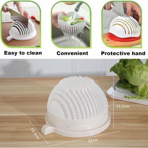 Bol feliator pentru salata, castron multifunctional pentru legume si fructe, pentru spalat si taiat legumele, cu scurgere si tocator, ergonomic, protectie pentru maini, 21x18.5x11.5 cm, alb [2]