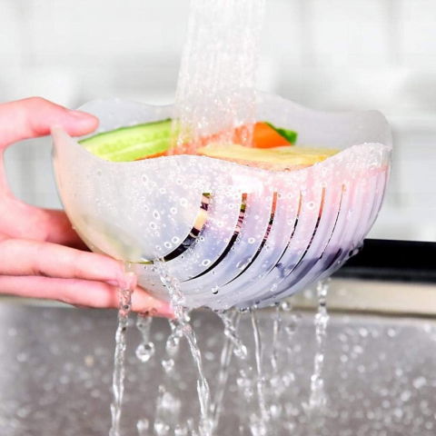 Bol feliator pentru salata, castron multifunctional pentru legume si fructe, pentru spalat si taiat legumele, cu scurgere si tocator, ergonomic, protectie pentru maini, 21x18.5x11.5 cm, albastru [9]