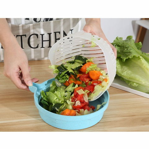 Bol feliator pentru salata, castron multifunctional pentru legume si fructe, pentru spalat si taiat legumele, cu scurgere si tocator, ergonomic, protectie pentru maini, 21x18.5x11.5 cm, albastru [6]