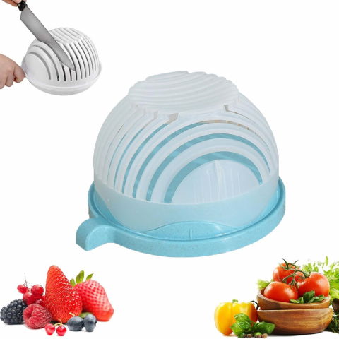 Bol feliator pentru salata, castron multifunctional pentru legume si fructe, pentru spalat si taiat legumele, cu scurgere si tocator, ergonomic, protectie pentru maini, 21x18.5x11.5 cm, albastru [4]