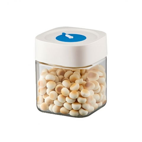 Borcan din sticla de inalta calitate, capac ermetic, uz casnic, depozitarea condimentelor sau a alimentelor umede si uscate, 750 ml, 10x10x12.2 cm, alb