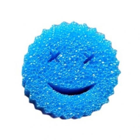 Accesorii și ustensile in bucatarie - Burete de vase, rotund, din burete pu, model smiley face, doua fete, 10 x 4 cm, albastru/galben