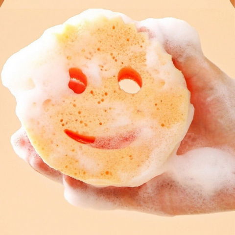 Burete de vase, rotund, din burete pu, model smiley face, doua fete, 10 x 4 cm, portocaliu/galben [2]