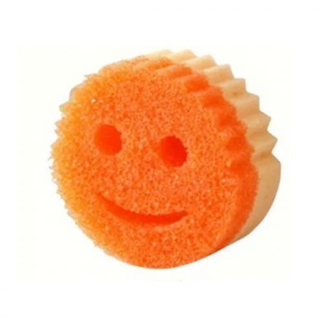 Organizatoare si accesorii pentru bucatarie - Burete de vase, rotund, din burete pu, model smiley face, doua fete, 10 x 4 cm, portocaliu/galben