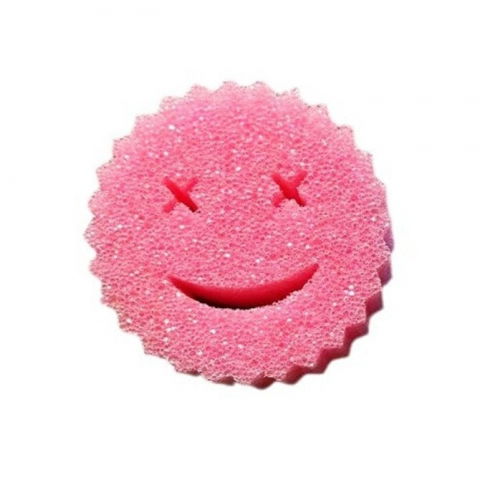 Accesorii și ustensile in bucatarie - Burete de vase, rotund, din burete pu, model smiley face, doua fete, 10 x 4 cm, roz/galben
