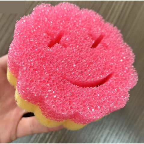 Burete de vase, rotund, din burete pu, model smiley face, doua fete, 10 x 4 cm, roz/galben [2]
