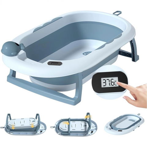 Cada de baie, pentru copii 0 luni - 6 ani, cu termometru, pliabila, perna suport inclusa, din plastic, 81.5 x 49 x 21.5 cm, albastru [1]