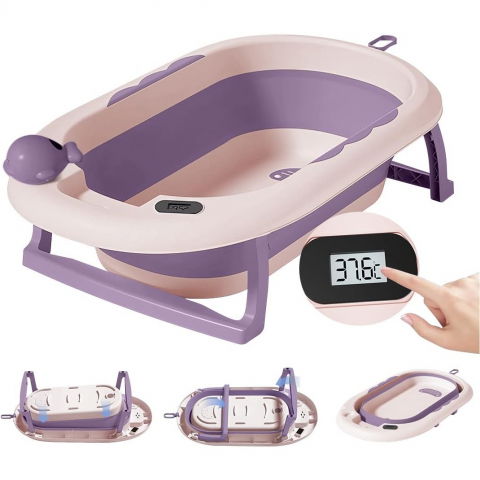 Cada de baie, pentru copii 0 luni - 6 ani, cu termometru, pliabila, perna suport inclusa, din plastic, 81.5 x 49 x 21.5 cm, mov [3]