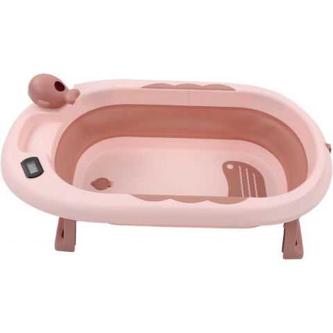 Îngrijire, transport și organizare pentru bebeluși și copii - Cada de baie, pentru copii 0 luni - 6 ani, cu termometru, pliabila, perna suport inclusa, din plastic, 81.5 x 49 x 21.5 cm, roz
