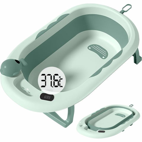 Igienă, baie și accesorii bebeluși şi copii - Cada de baie, pentru copii 0 luni - 6 ani, cu termometru, pliabila, perna suport inclusa, din plastic, 81.5 x 49 x 21.5 cm, verde