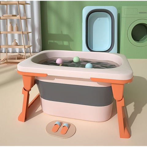 Cada pliabila pentru baie, din pp+tpe, pentru copii 0-6 ani, cu picioare, suport de sezut, scurgere etans, 80 x 52 x 42 cm, portocaliu [10]