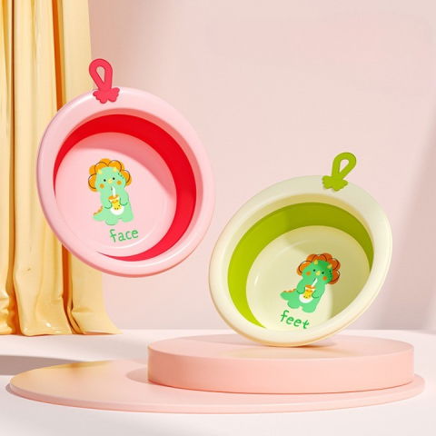 Cada pliabila pentru baie pentru copii, cadita pentru bebelusi, model rotund cu dinozaur, roz, 30x30x3.7 cm, 4l [2]