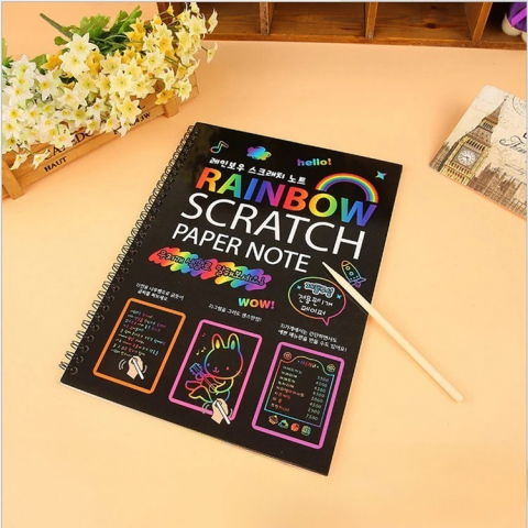 Caiet cu foi de hartie de razuit, cu un stilou din bambus, pentru desen, curcubeu, 19 x 26 cm, negru [3]