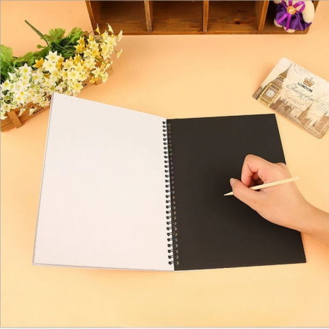 Caiet cu foi de hartie de razuit, cu un stilou din bambus, pentru desen, curcubeu, 19 x 26 cm, negru [2]