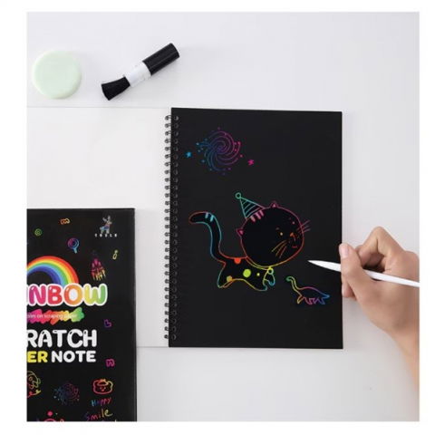 Caiet cu foi de hartie de razuit, cu un stilou din bambus, pentru desen, curcubeu, 19 x 26 cm, negru [1]