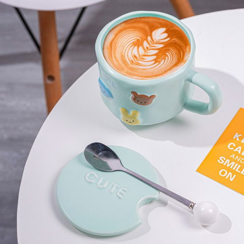 Cana ceramica, din portelan, print figurine animalute, cana penru copii, model cute, cana cu lingura si capac, ceasca pentru cafea, ceai, 400ml albastru [2]