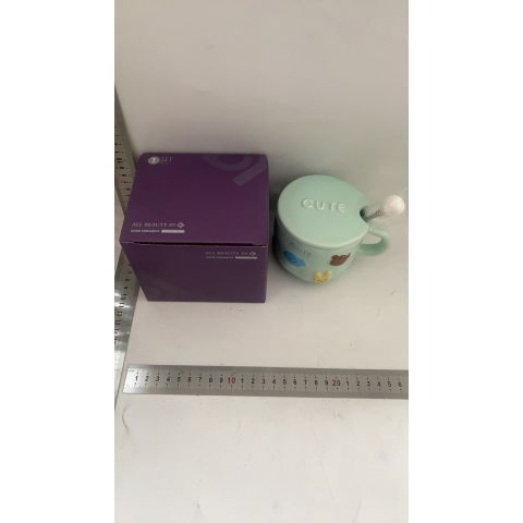 Cana ceramica, din portelan, print figurine animalute, cana penru copii, model cute, cana cu lingura si capac, ceasca pentru cafea, ceai, 400ml albastru [1]