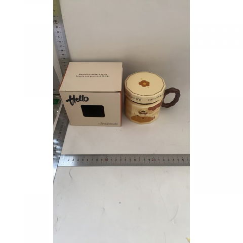 Cana din ceramica, cana pentru cafea, ceai, cana universala, unisex, cana cu capac, 9 x 8 x 8 cm, 400 ml, model baietel bej [2]