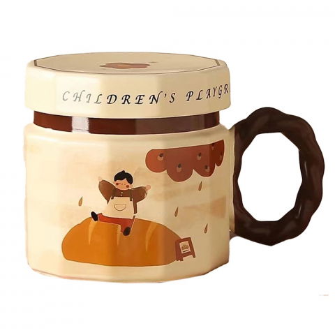 Organizatoare si accesorii pentru bucatarie - Cana din ceramica, cana pentru cafea, ceai, cana universala, unisex, cana cu capac, 9 x 8 x 8 cm, 400 ml, model baietel bej