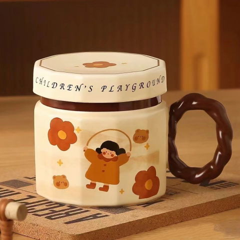 Cana din ceramica, cana pentru cafea, ceai, cana universala, unisex, cana cu capac, 9 x 8 x 8 cm, 400 ml, model fetita cu coarda, bej [1]