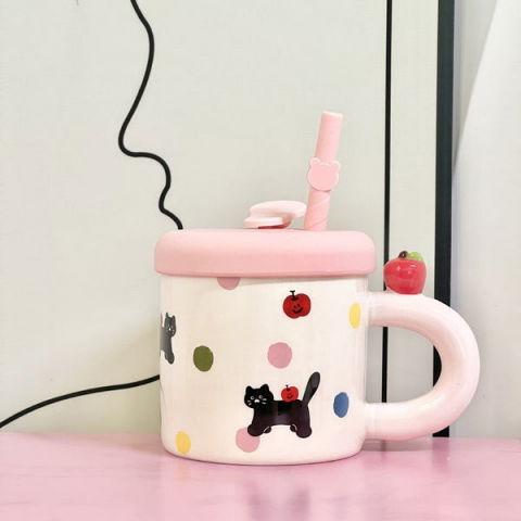 Cana din ceramica cu capac si pai, capacul si paiul din silicon roz, 9x8.5 cm, model cute b, capacitate 380ml [4]