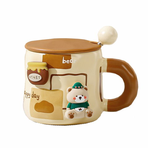 Organizatoare si accesorii pentru bucatarie - Cana din ceramica, model urs pentru baieti, cana universala, cana pentru ceai, cana cu lingura metalica si capac, 9.6 x  9.5 x 9.5 cm, 400 ml bej