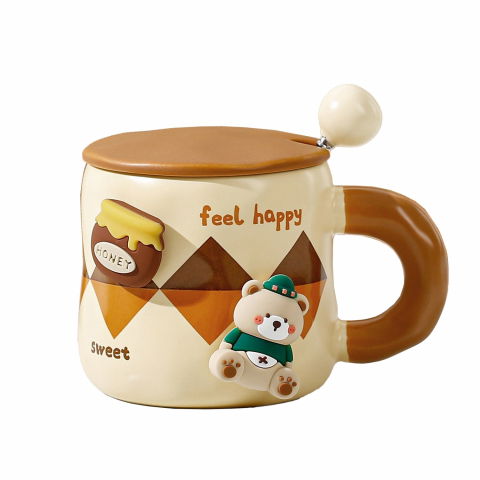 Organizatoare si accesorii pentru bucatarie - Cana din ceramica, model urs pentru baieti, cana universala, cana pentru ceai, cana cu lingura metalica si capac, 9.6 x 9.5 x 9.5 cm, 400 ml crem