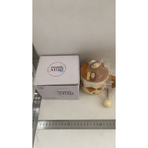 Cana din ceramica, model urs pentru baieti, cana universala, cana pentru ceai, cana cu lingura metalica si capac, 9.6 x 9.5 x 9.5 cm, 400 ml crem [2]