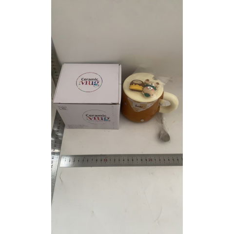 Cana din ceramica, model urs pentru baieti, cana universala, cana pentru ceai, cana cu lingura metalica si capac, 9.6 x 9.5 x 9.5 cm, 400 ml maro [2]