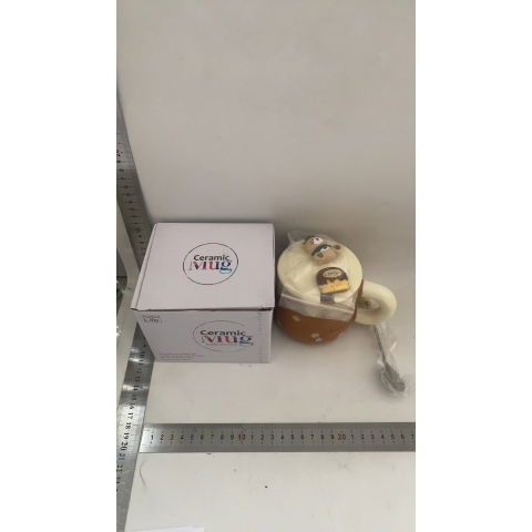 Cana din ceramica, model urs pentru baieti, cana universala, cana pentru ceai, cana cu lingura metalica si capac, 9.6 x  9.5 x 9.5 cm, 400 ml maro inchis [2]