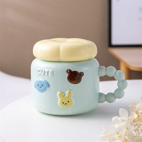 Accesorii și ustensile in bucatarie - Cana pentru copii, din portelan, print figurine animalute, model cute, cana cu capac, ceasca pentru cafea, ceai, 400ml albastru deschis