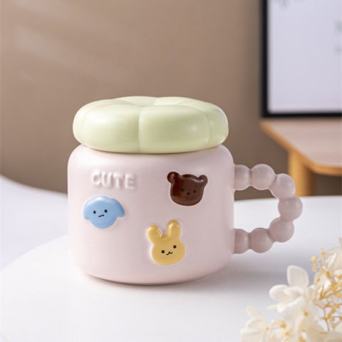 Accesorii și ustensile in bucatarie - Cana pentru copii, din portelan, print figurine animalute, model cute, cana cu capac, ceasca pentru cafea, ceai, 400ml roz