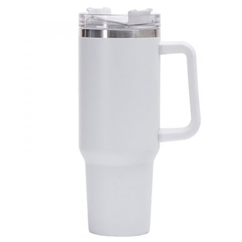 Ustensile, tacâmuri, căni și accesorii de bucătărie - Cana termos din plastic, pentru bauturi calde si reci, cu maner, 9.9x9.9x27 cm, alb