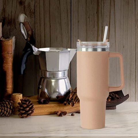 Cana termos din plastic, pentru bauturi calde si reci, cu maner, 9.9x9.9x27 cm, roz pal [5]