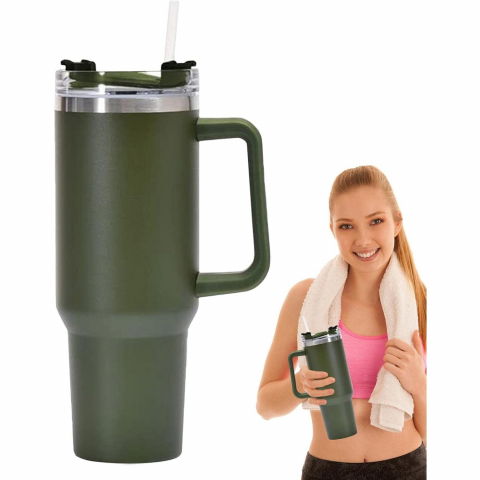 Cana termos din plastic, pentru bauturi calde si reci, cu maner, 9.9x9.9x27 cm, verde army [7]