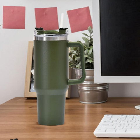 Cana termos din plastic, pentru bauturi calde si reci, cu maner, 9.9x9.9x27 cm, verde army [5]