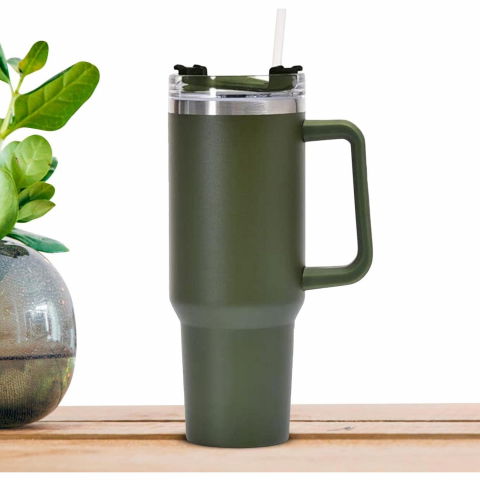 Cana termos din plastic, pentru bauturi calde si reci, cu maner, 9.9x9.9x27 cm, verde army [3]