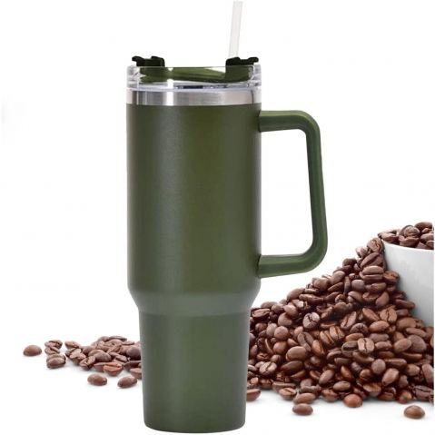 Cana termos din plastic, pentru bauturi calde si reci, cu maner, 9.9x9.9x27 cm, verde army [2]