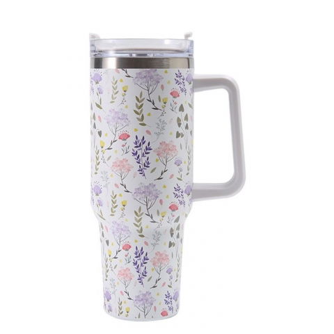 Accesorii și ustensile in bucatarie - Cana termos din plastic, pentru bauturi calde si reci, cu maner, imprimeu floral,  alb, 10x7.6x27.5 cm