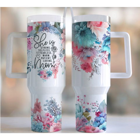 Cana termos din plastic, pentru bauturi calde si reci, cu maner, imprimeu floral, cu mesaj pentru mama, alb, 10x7.6x27.5 cm [5]