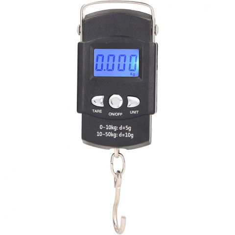 Organizatoare si accesorii pentru bucatarie - Cantar digital de mana cu carlig, cantar portabil, pescuit, cu maner, capacitate 50 kg, cu metru incorporat, 20.5 x 6 x 2.5 cm, negru