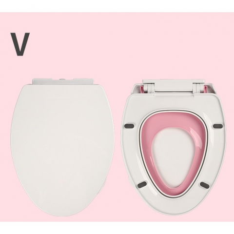 Capac de toaleta cu reductie 3 in 1, pentru copii +3 ani si adulti, coborare lenta si silentioasa, instalare usoara, din pp5 , in forma de v, alb/roz [3]