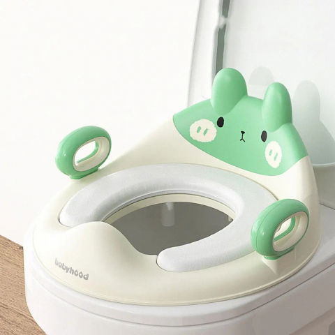 Capac wc cu reductie, pentru copii, cu manere, model ursulet, plastic durabil, verde [1]