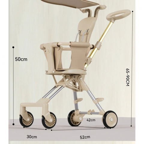 Carucior pliabil, 1-3 ani, reversibil, 4 roti, parasolar, din aliaj de aluminiu + plastic + textil, 52 x 42 x 90 cm, bej [2]