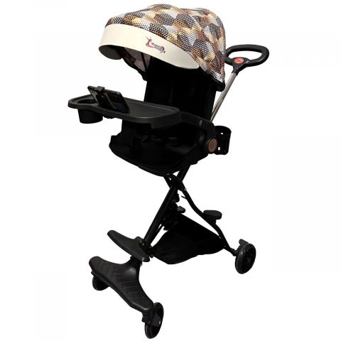 Triciclete, mașinuțe și accesorii pentru transportul copiilor - Carucior sport  3in1, 6-36 luni, reversibil, pliabil, tavita pentru masa, pozitie de somn, centura de siguranta, roti 360, suport pahar, copertina pentru soare, 32x63x95cm, maro model carouri