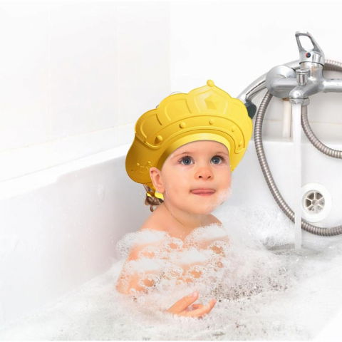 Casca de dus, previne scurgerea apei si samponului pe fata, 0-12 ani, ajustabila, din tpe+pp, 20 x 23 cm, model coroana, galben [4]