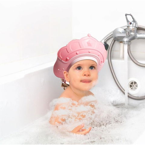 Casca de dus, previne scurgerea apei si samponului pe fata, 0-12 ani, ajustabila, din tpe+pp, 20 x 23 cm, model coroana, roz [1]